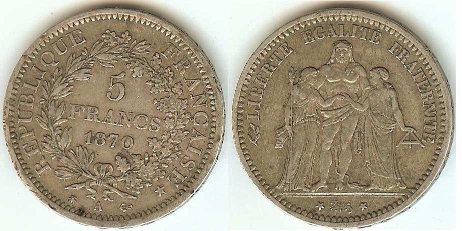 5 Francs Hercule 1870A Paris TTB+ SUP-